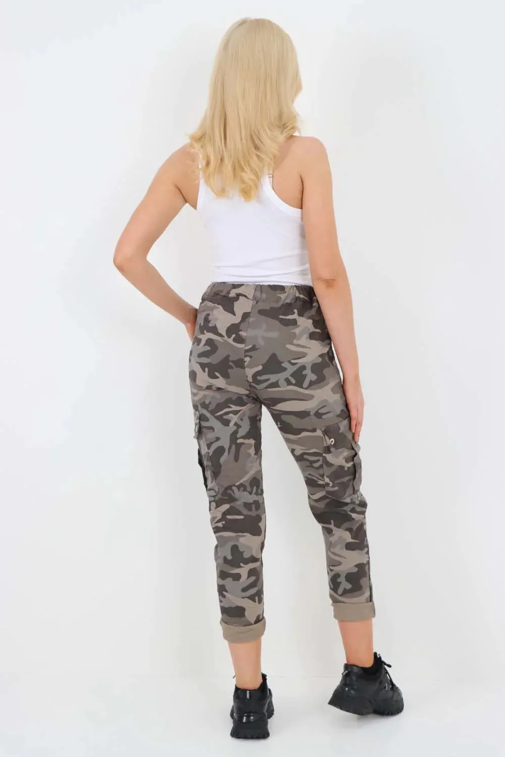 Plus Size Italian Drawstring Camo Side Pockets Cargo Trousers