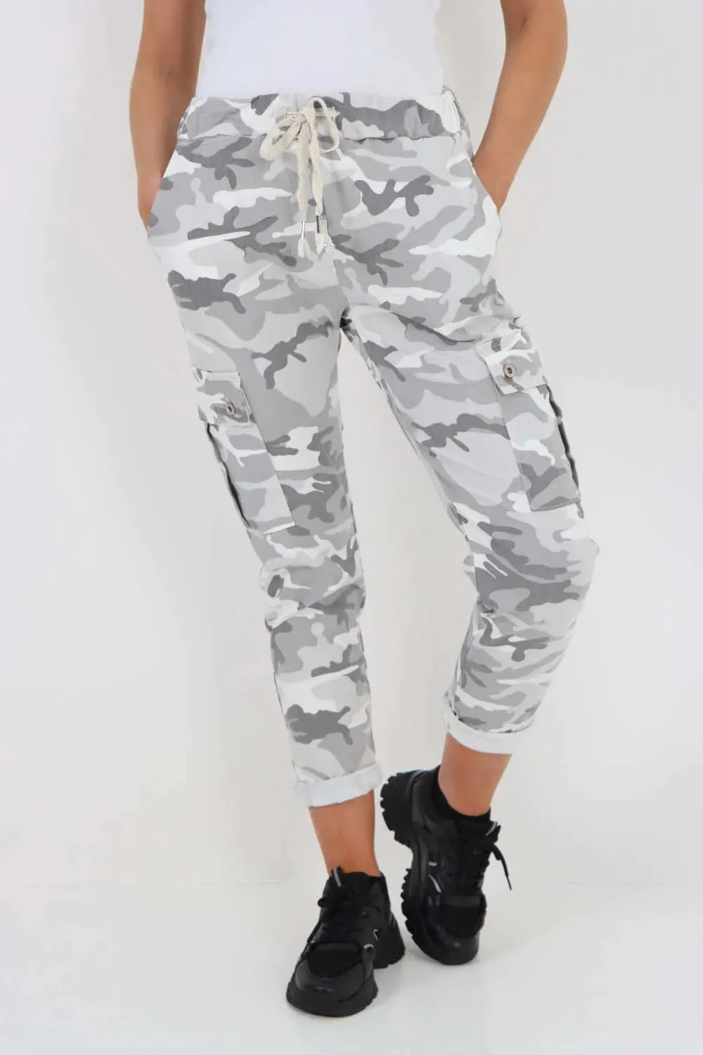 Plus Size Italian Drawstring Camo Side Pockets Cargo Trousers