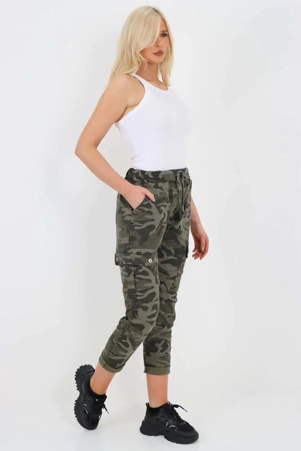 Plus Size Italian Drawstring Camo Side Pockets Cargo Trousers