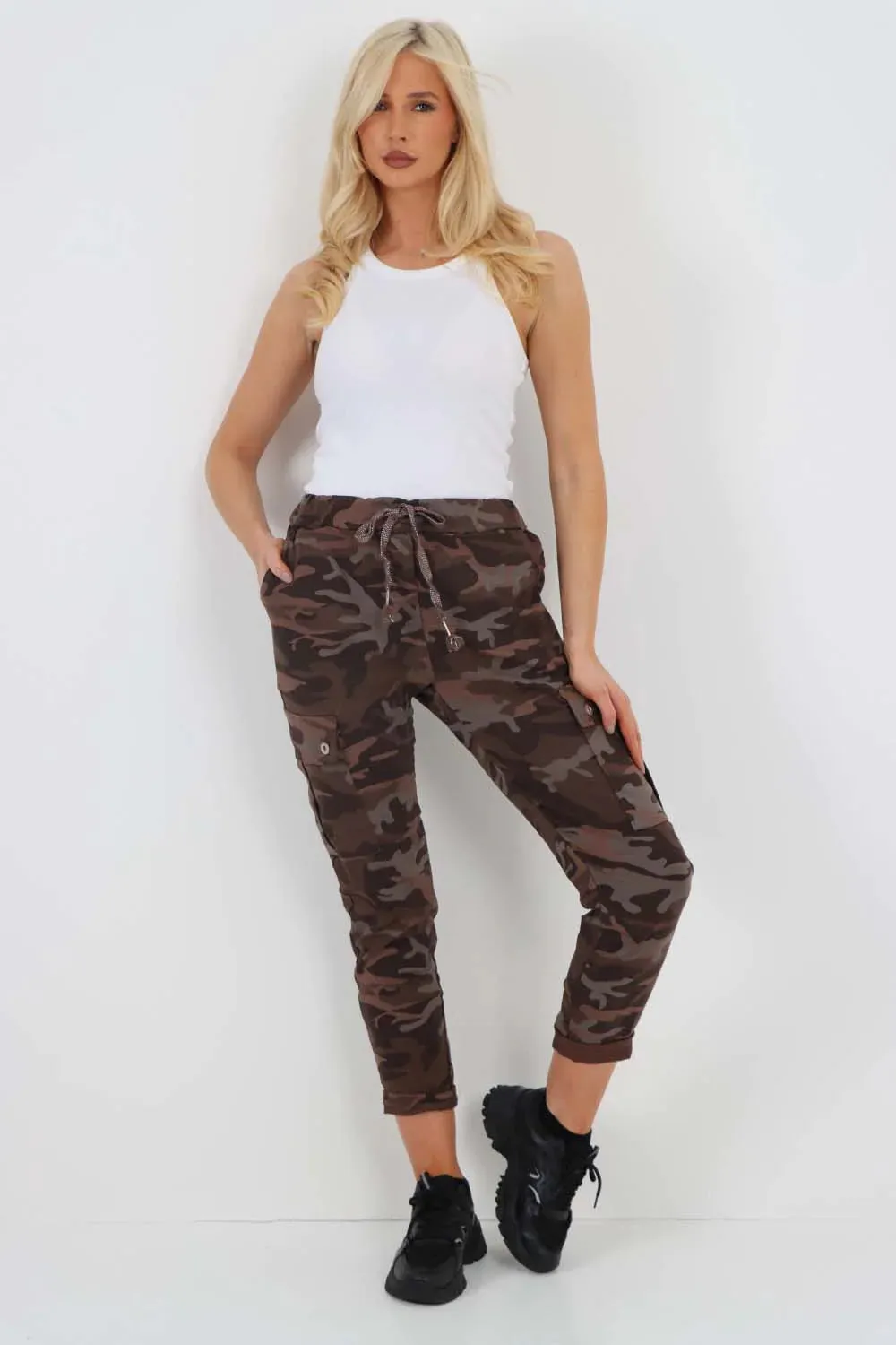 Plus Size Italian Drawstring Camo Side Pockets Cargo Trousers