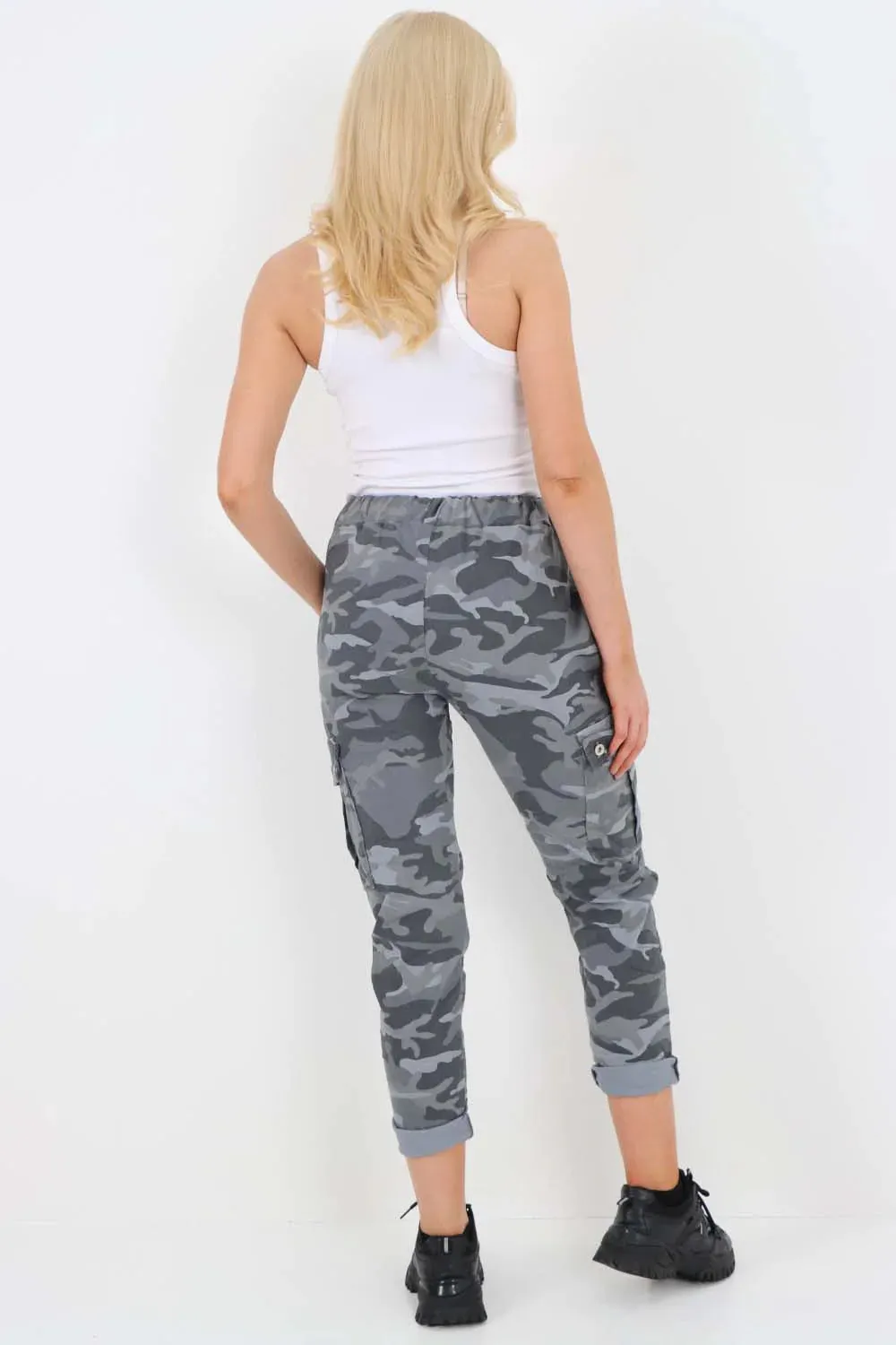 Plus Size Italian Drawstring Camo Side Pockets Cargo Trousers