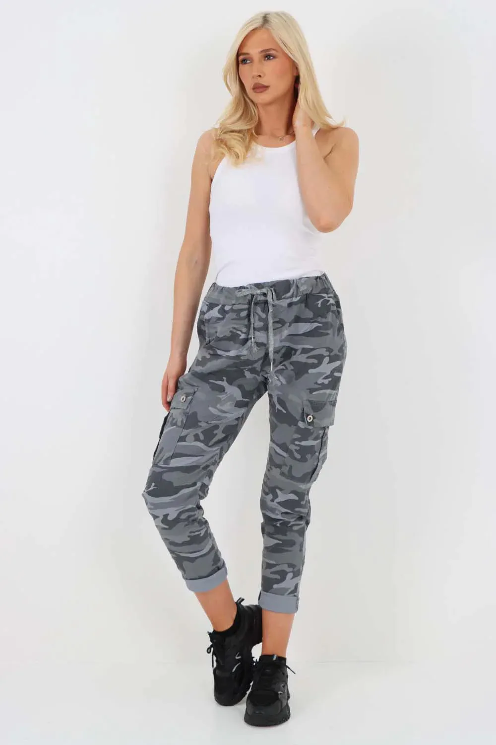 Plus Size Italian Drawstring Camo Side Pockets Cargo Trousers