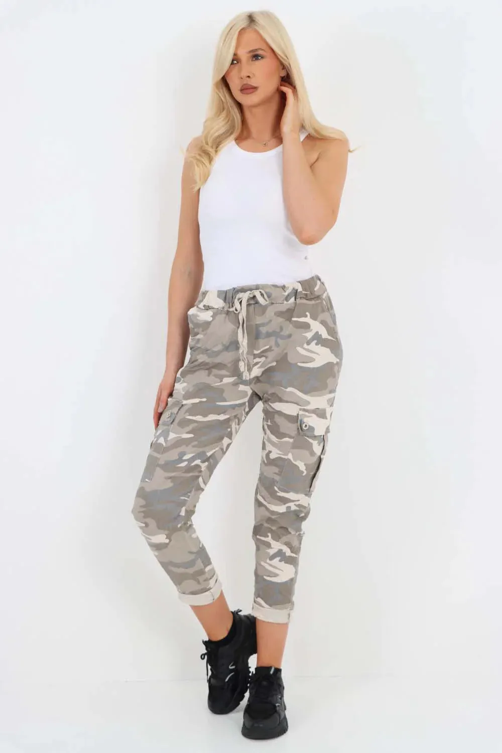 Plus Size Italian Drawstring Camo Side Pockets Cargo Trousers