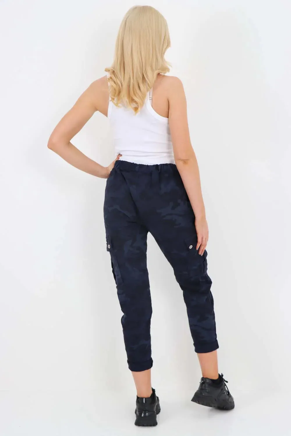 Plus Size Italian Drawstring Camo Side Pockets Cargo Trousers