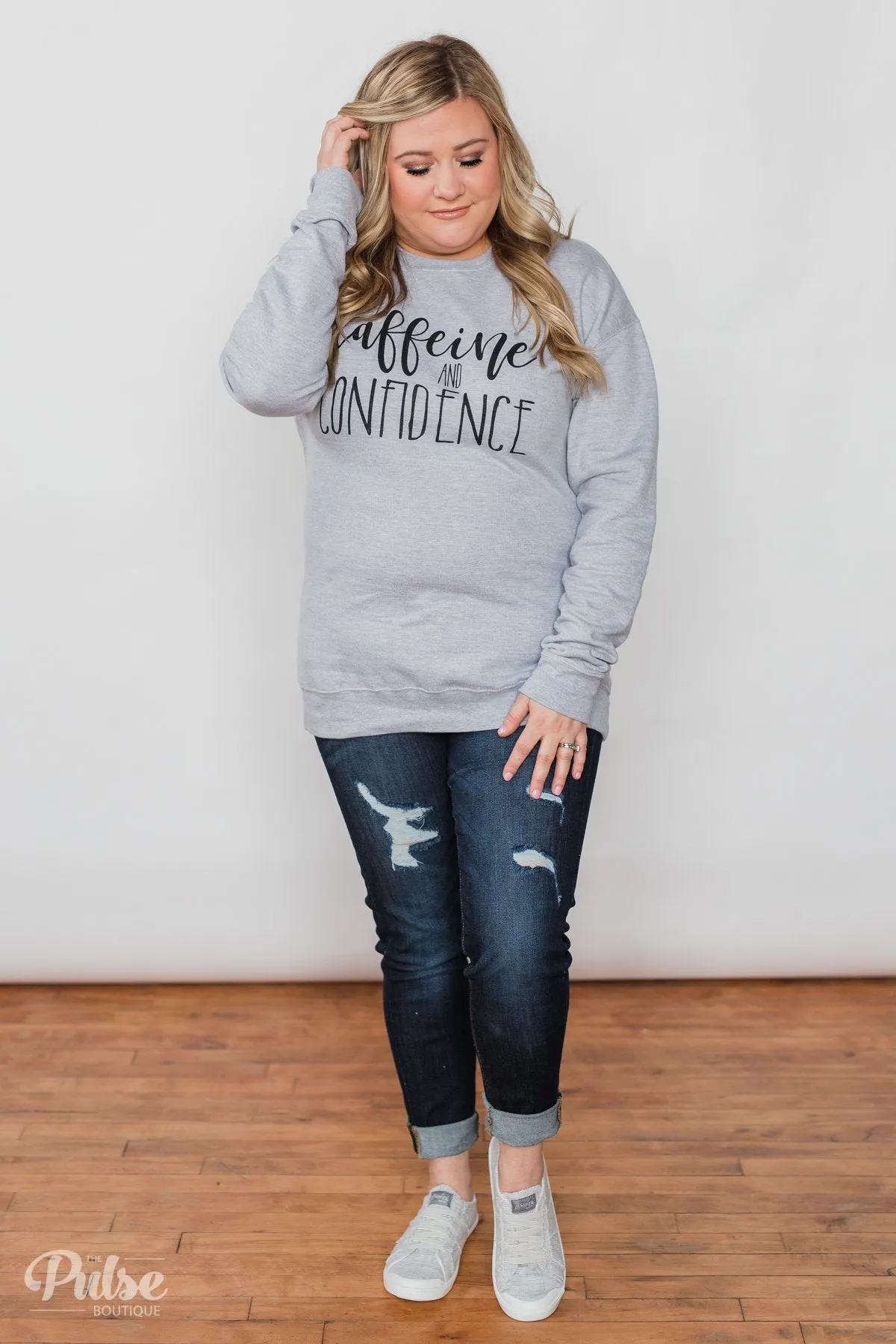 "Caffeine & Confidence" Crew Neck - Heather Grey