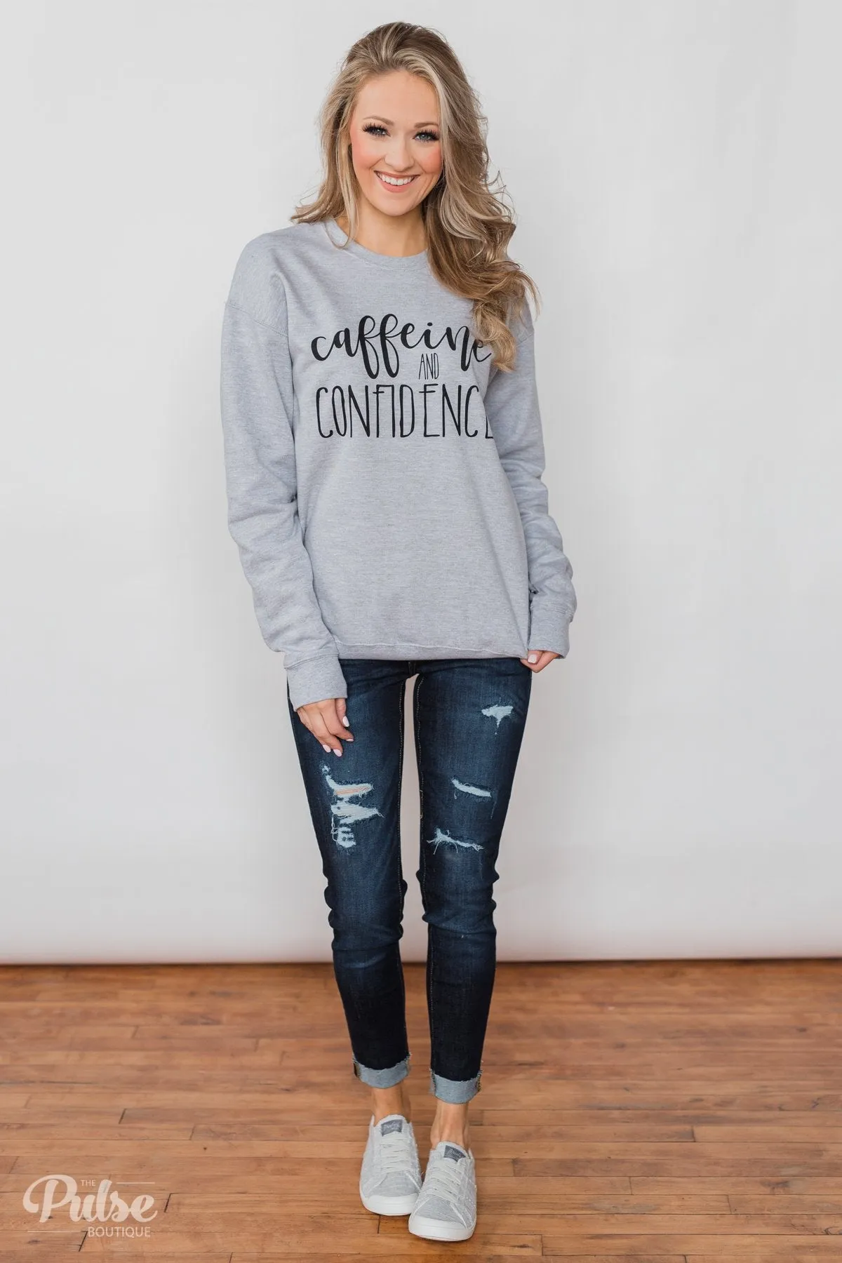 "Caffeine & Confidence" Crew Neck - Heather Grey