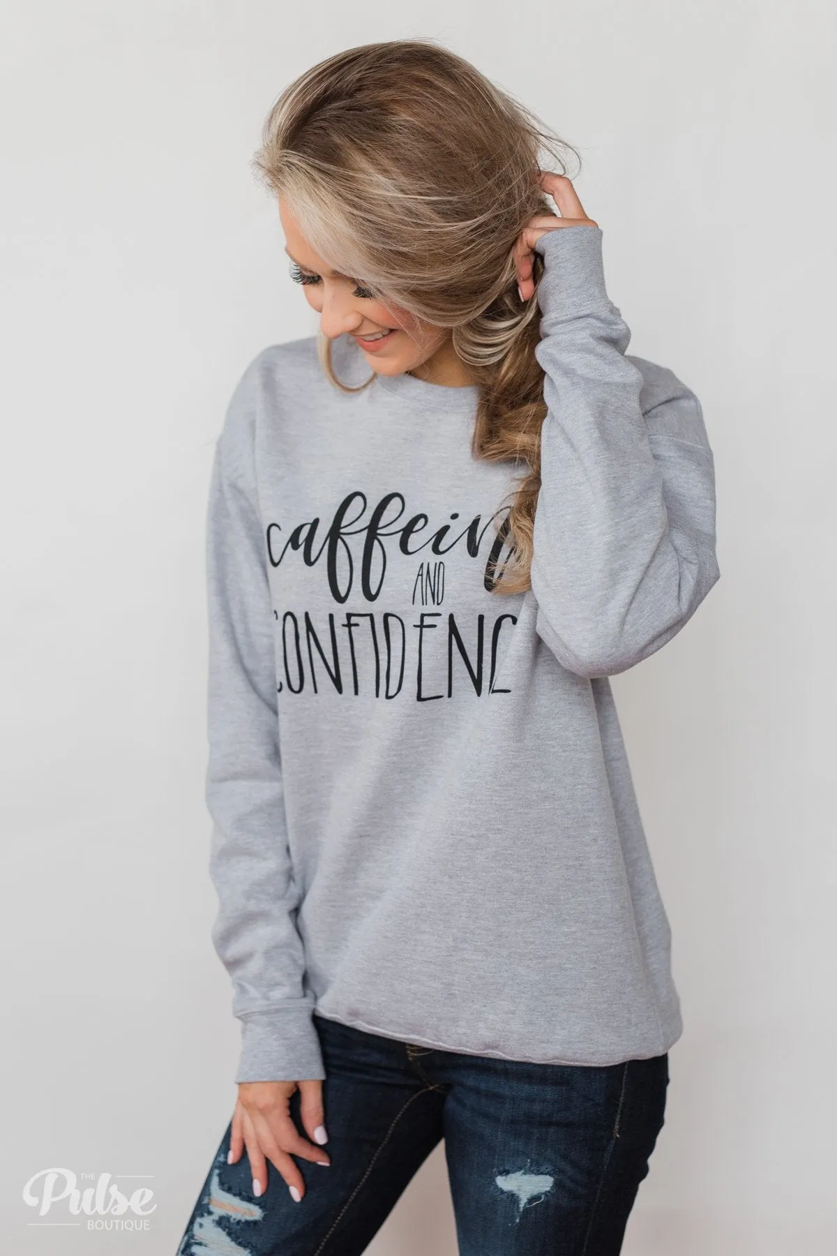 "Caffeine & Confidence" Crew Neck - Heather Grey