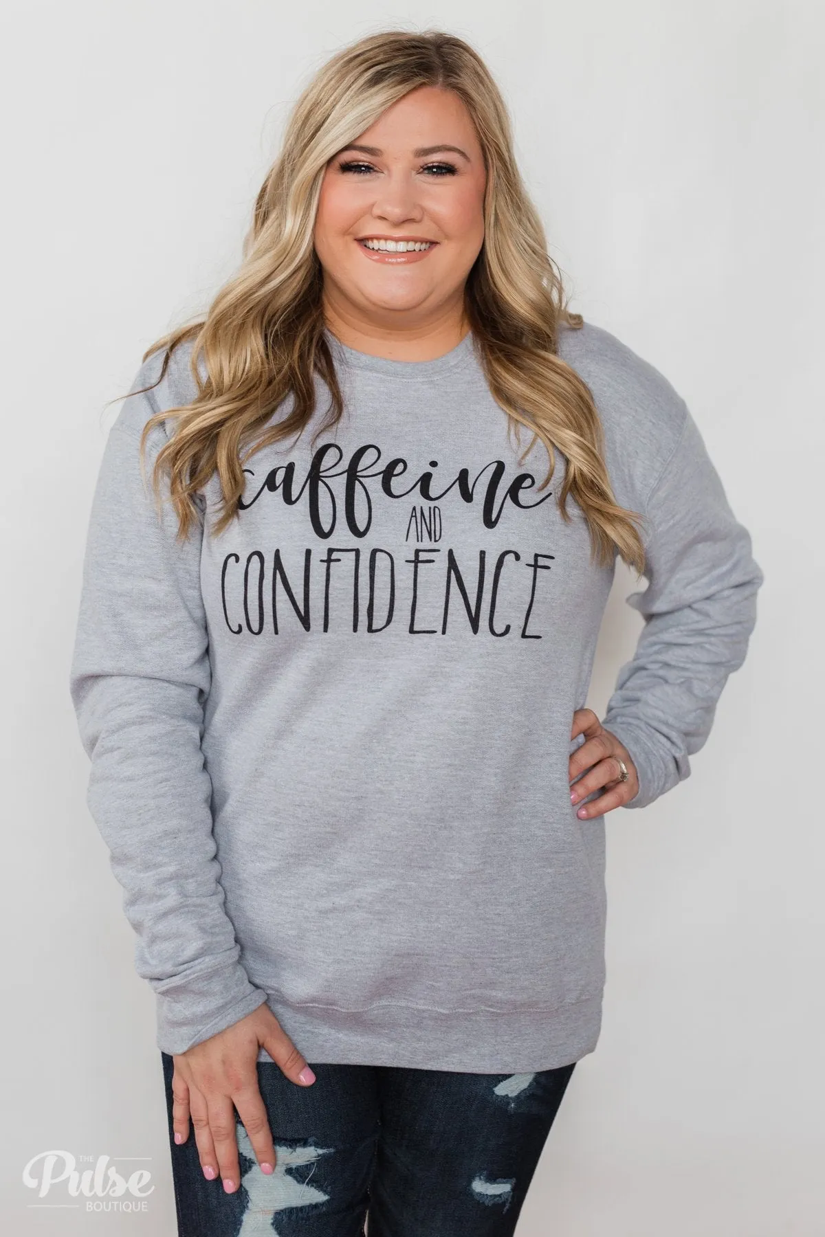 "Caffeine & Confidence" Crew Neck - Heather Grey