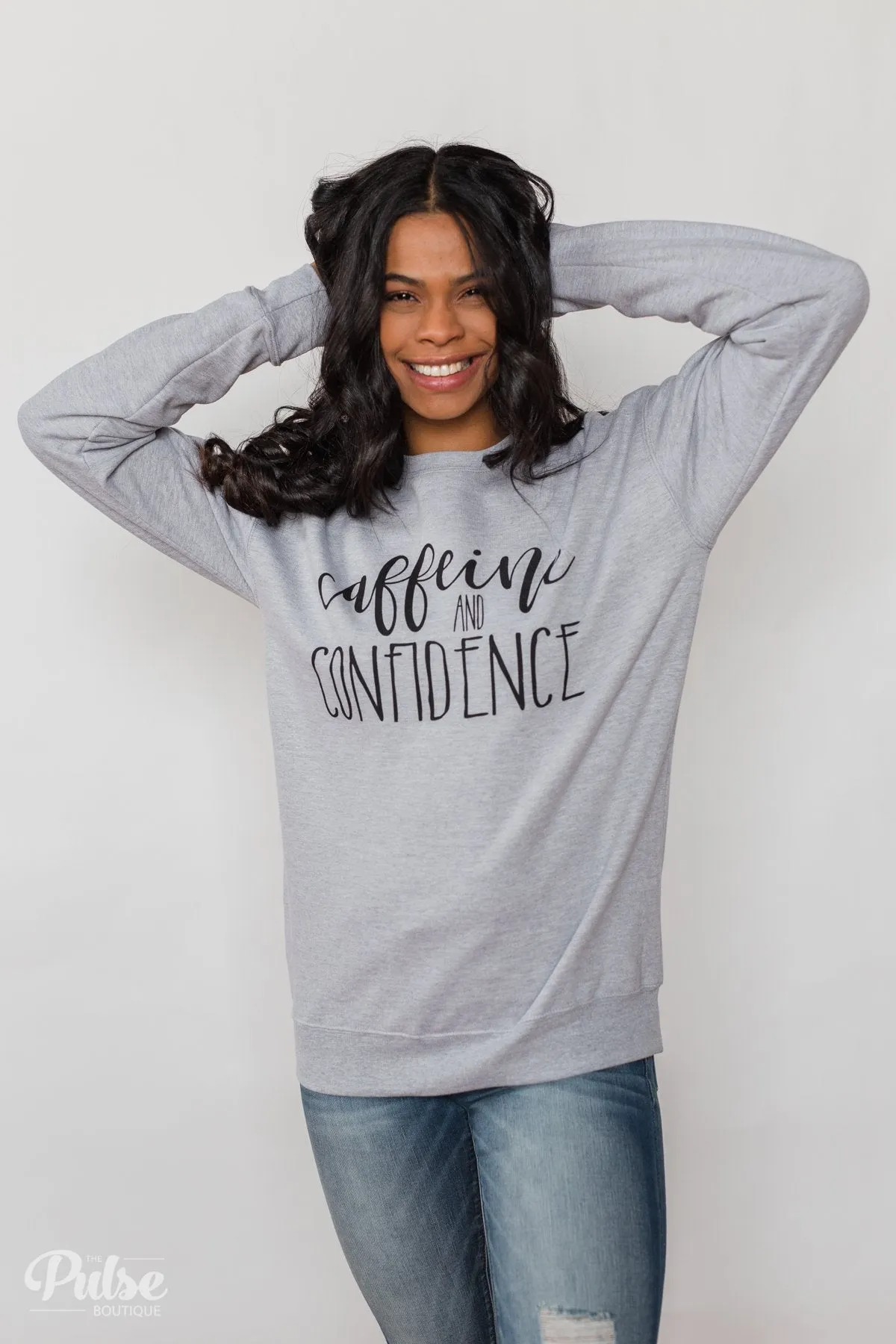 "Caffeine & Confidence" Crew Neck - Heather Grey