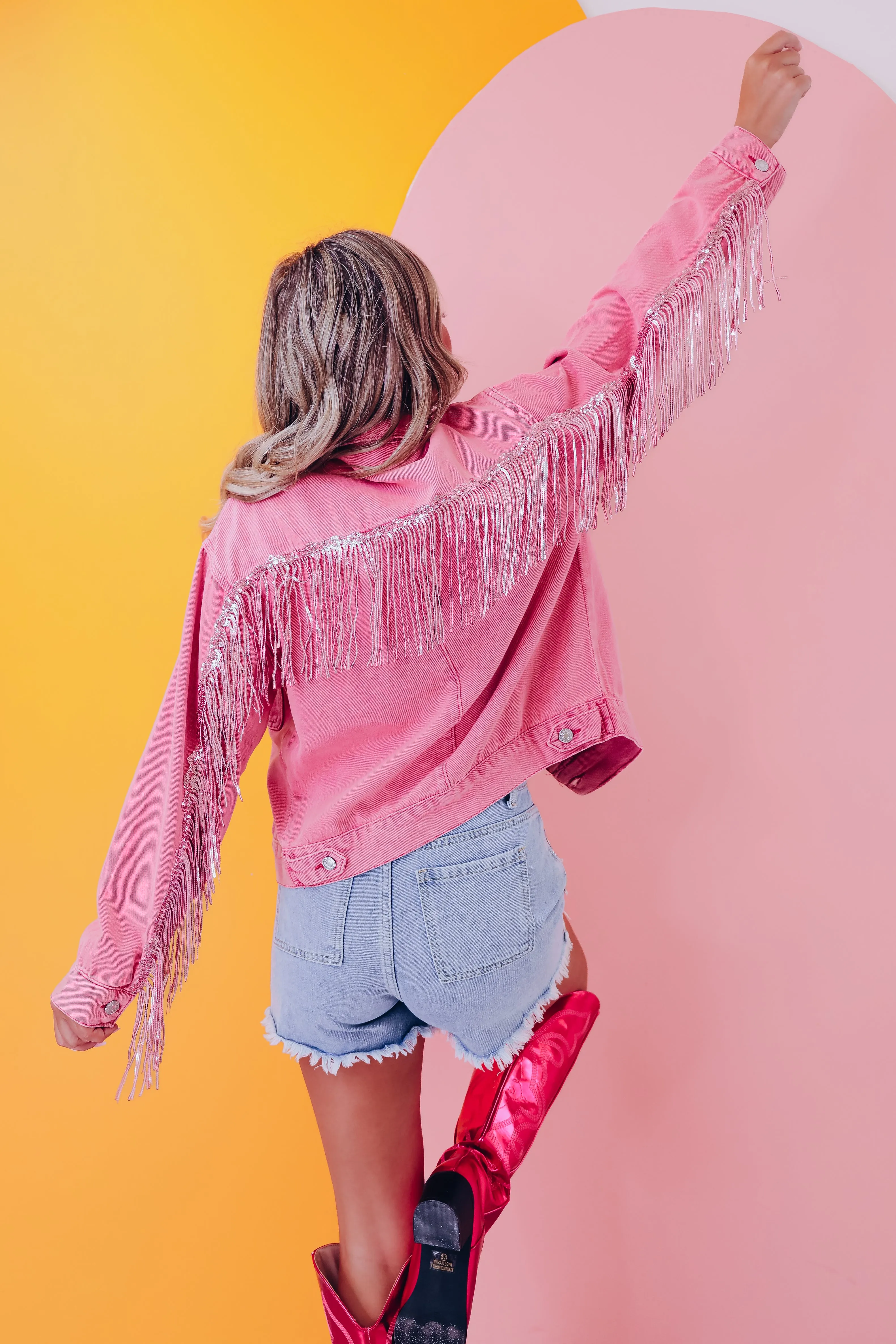 Rambler Sequin Fringe Denim Jacket - Pink