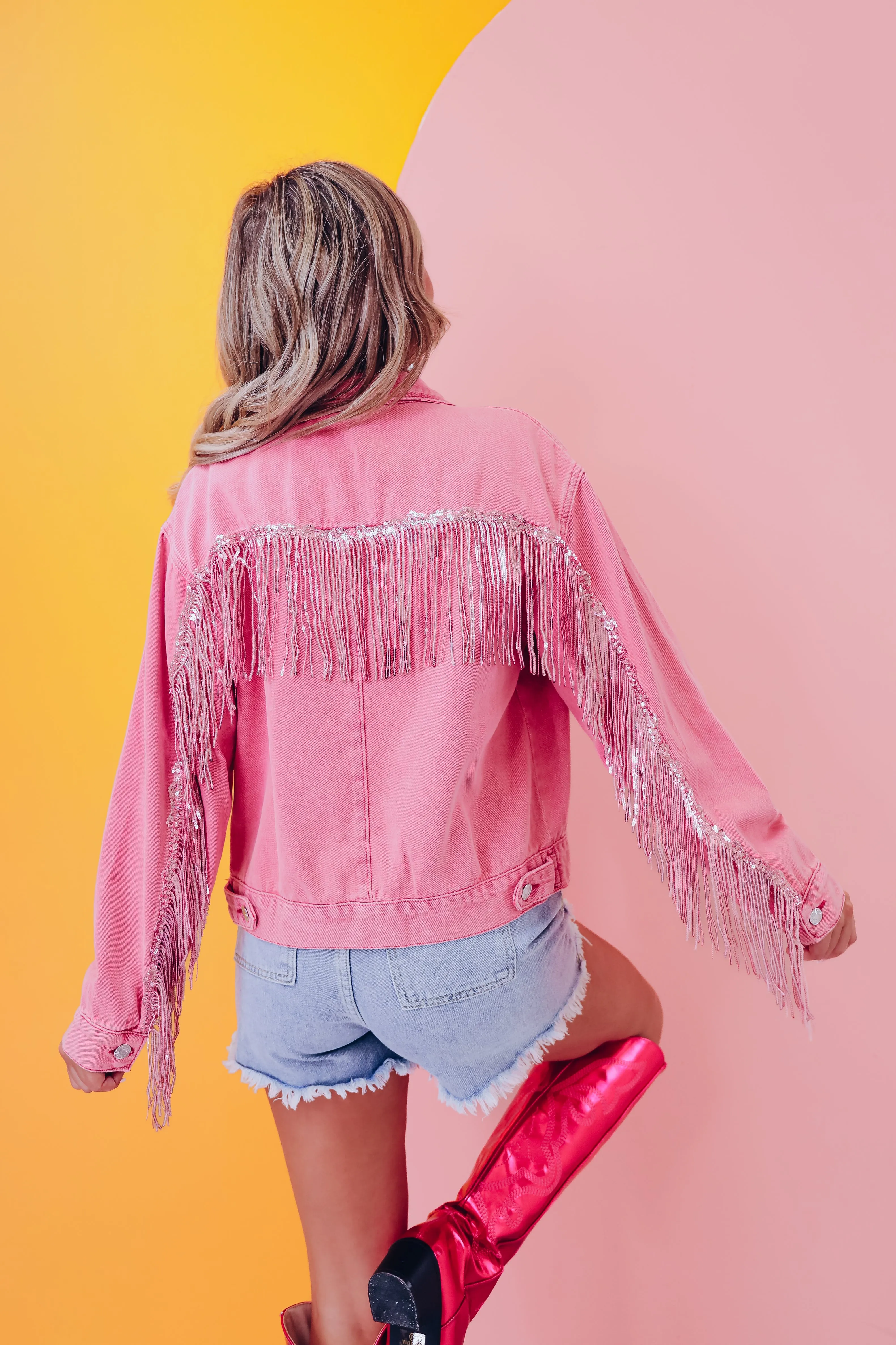 Rambler Sequin Fringe Denim Jacket - Pink