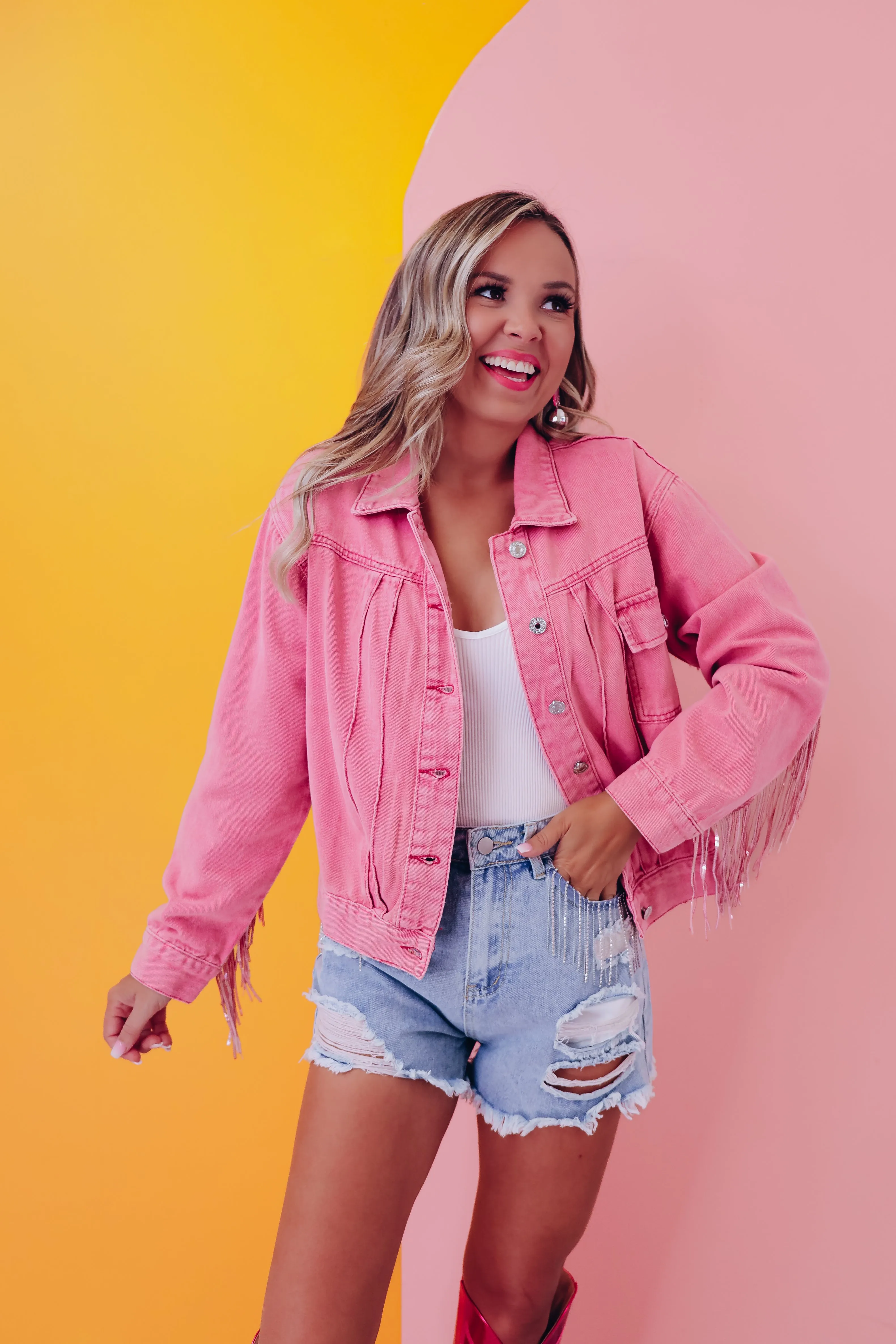 Rambler Sequin Fringe Denim Jacket - Pink