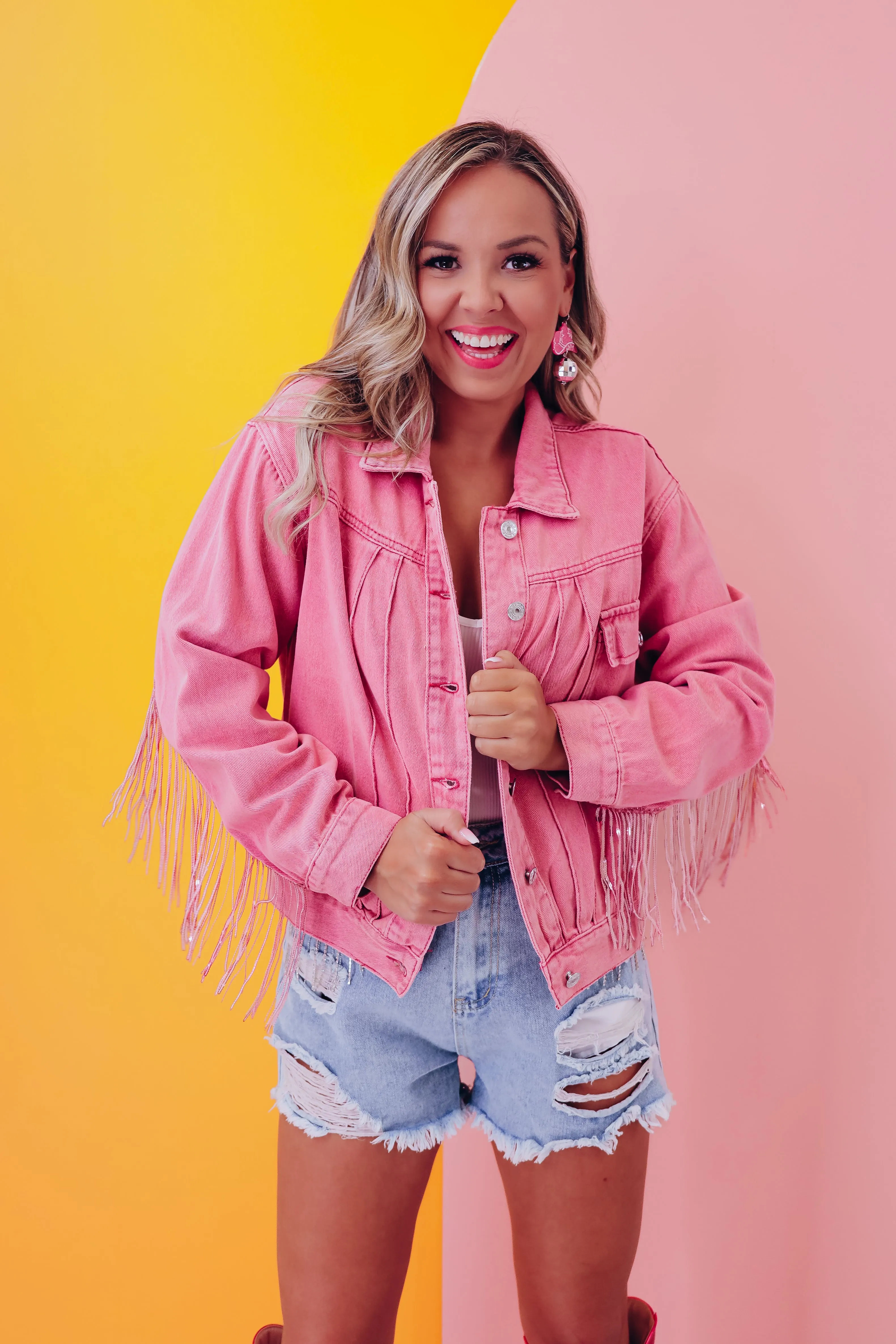 Rambler Sequin Fringe Denim Jacket - Pink