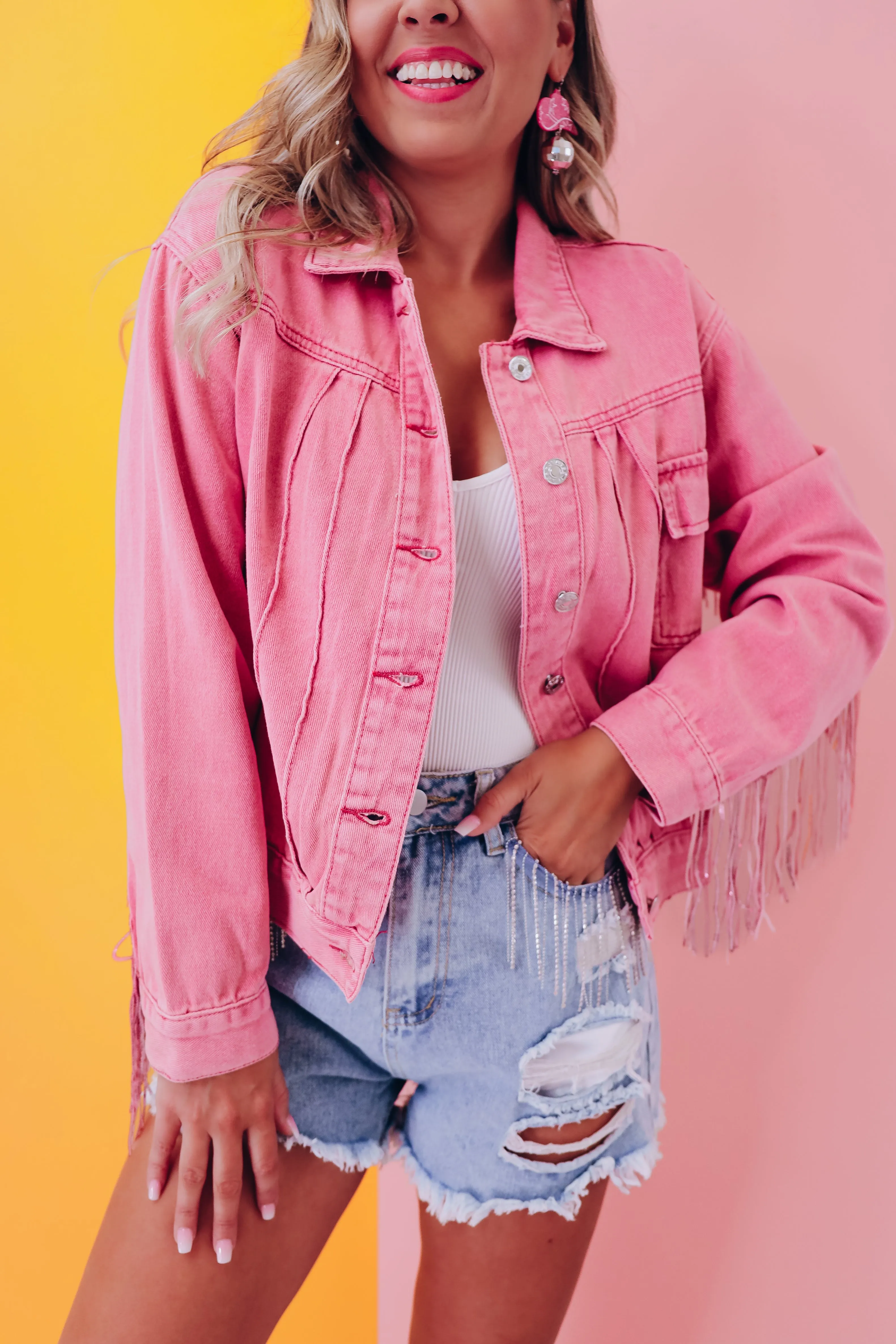 Rambler Sequin Fringe Denim Jacket - Pink