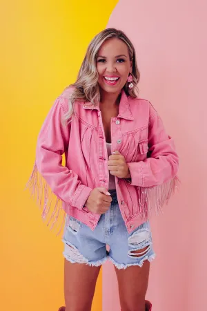 Rambler Sequin Fringe Denim Jacket - Pink