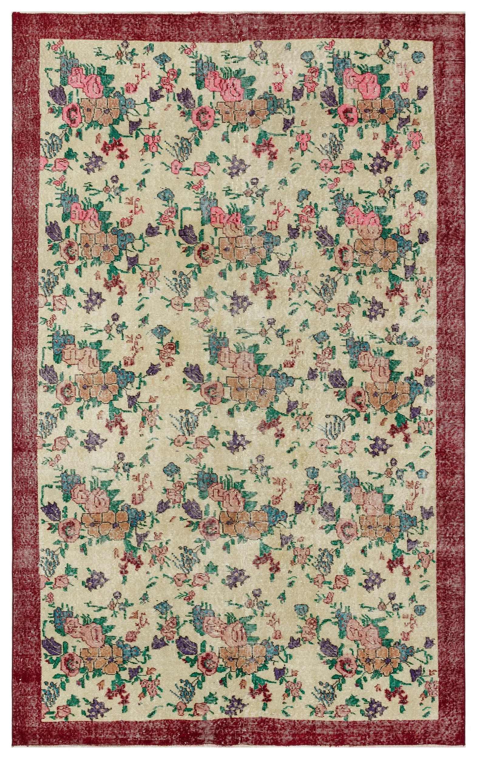 Retro Design Floral Over Dyed Vintage Rug 6'3'' x 9'8'' ft 190 x 295 cm