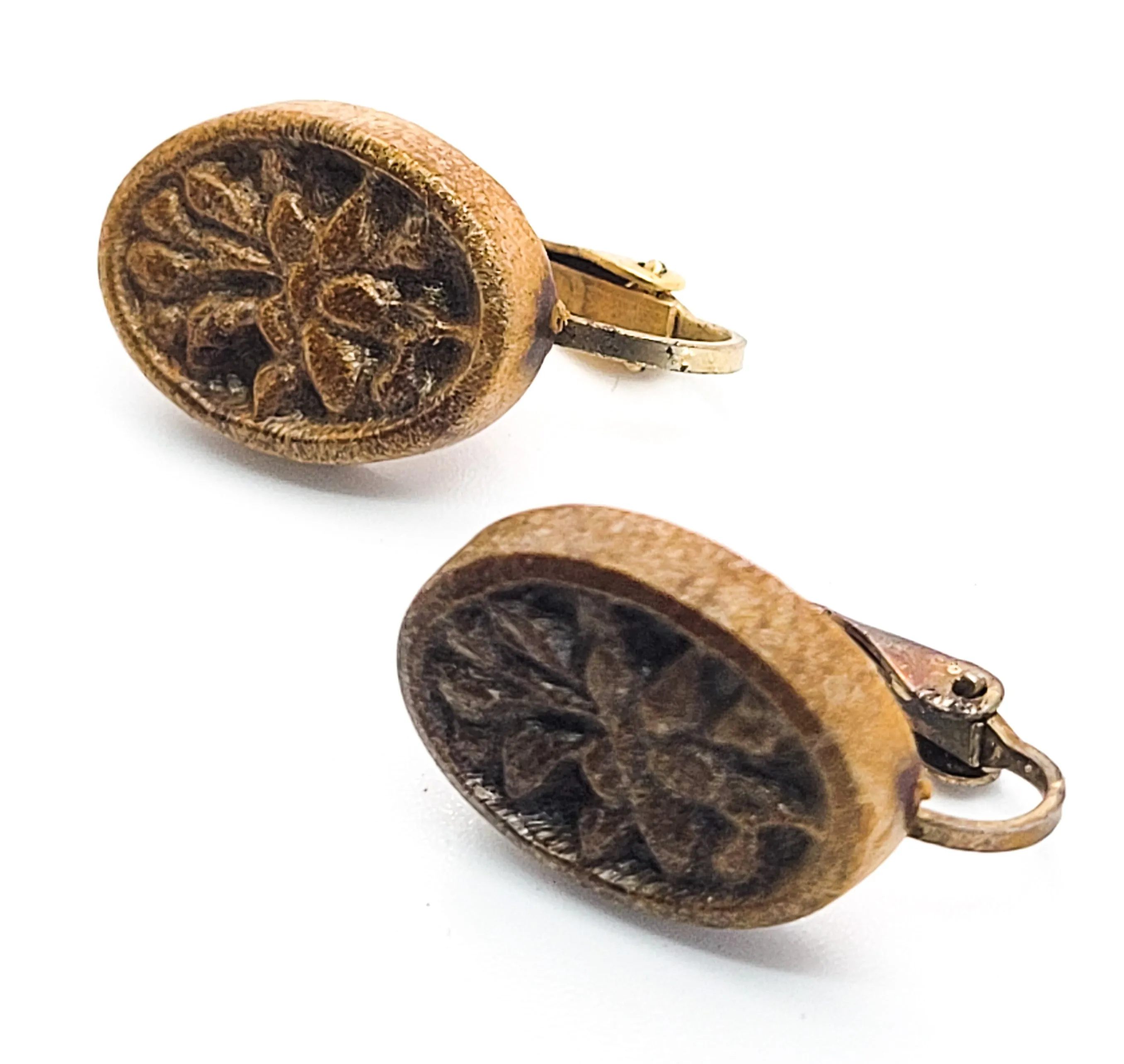 Retro Lotus flower carved wood vintage clip on earrings made in Hong Kong