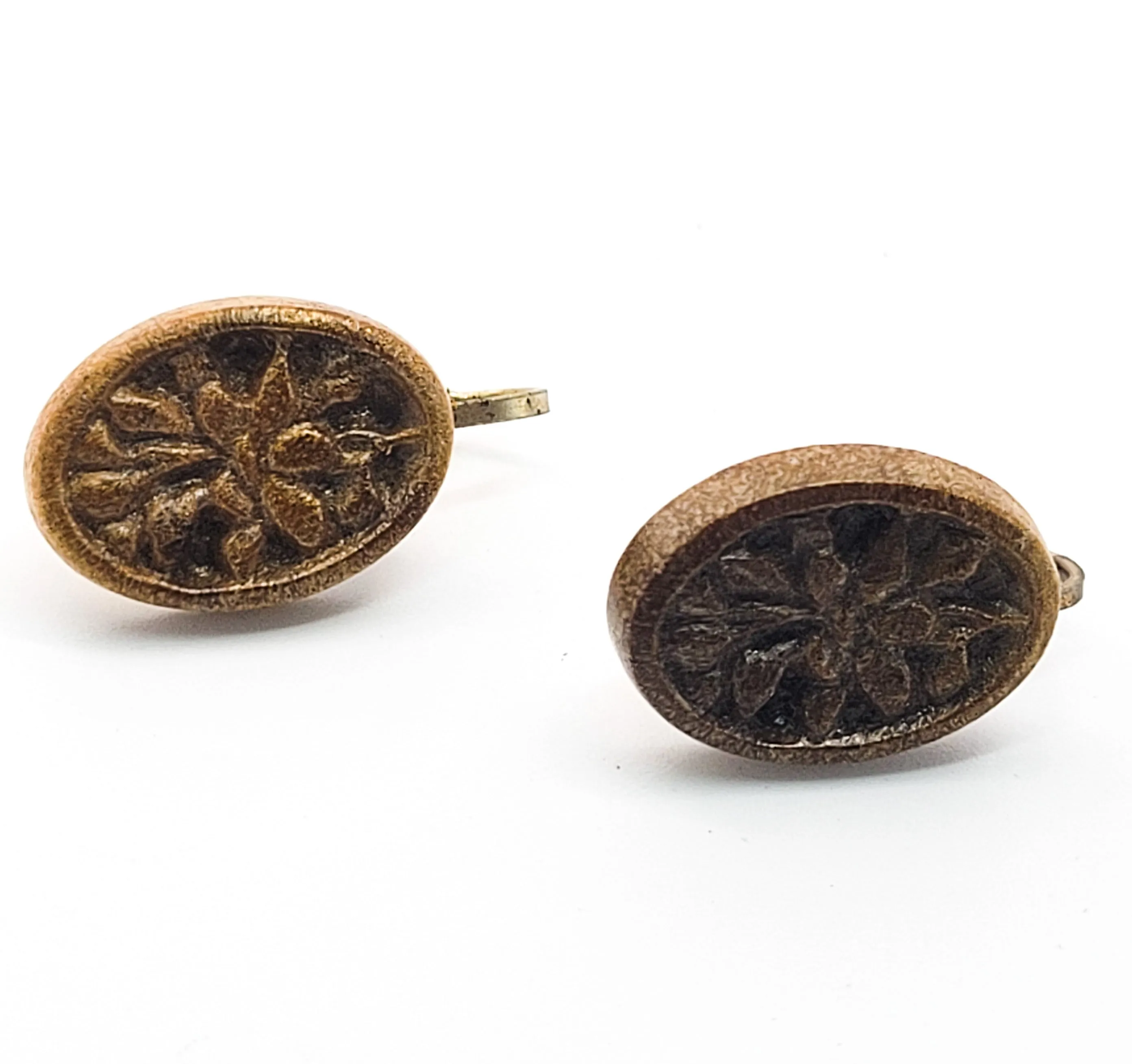 Retro Lotus flower carved wood vintage clip on earrings made in Hong Kong