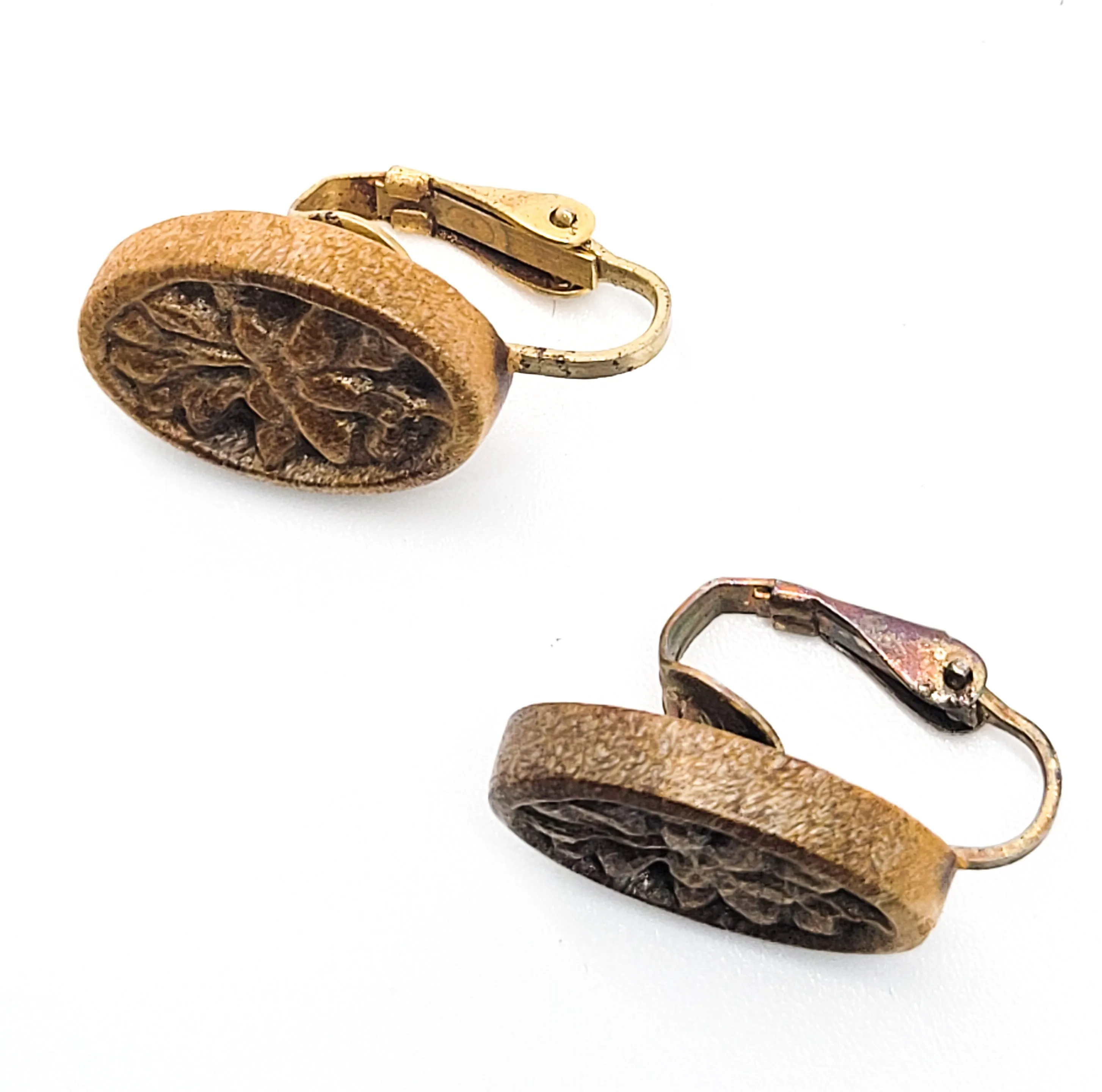 Retro Lotus flower carved wood vintage clip on earrings made in Hong Kong