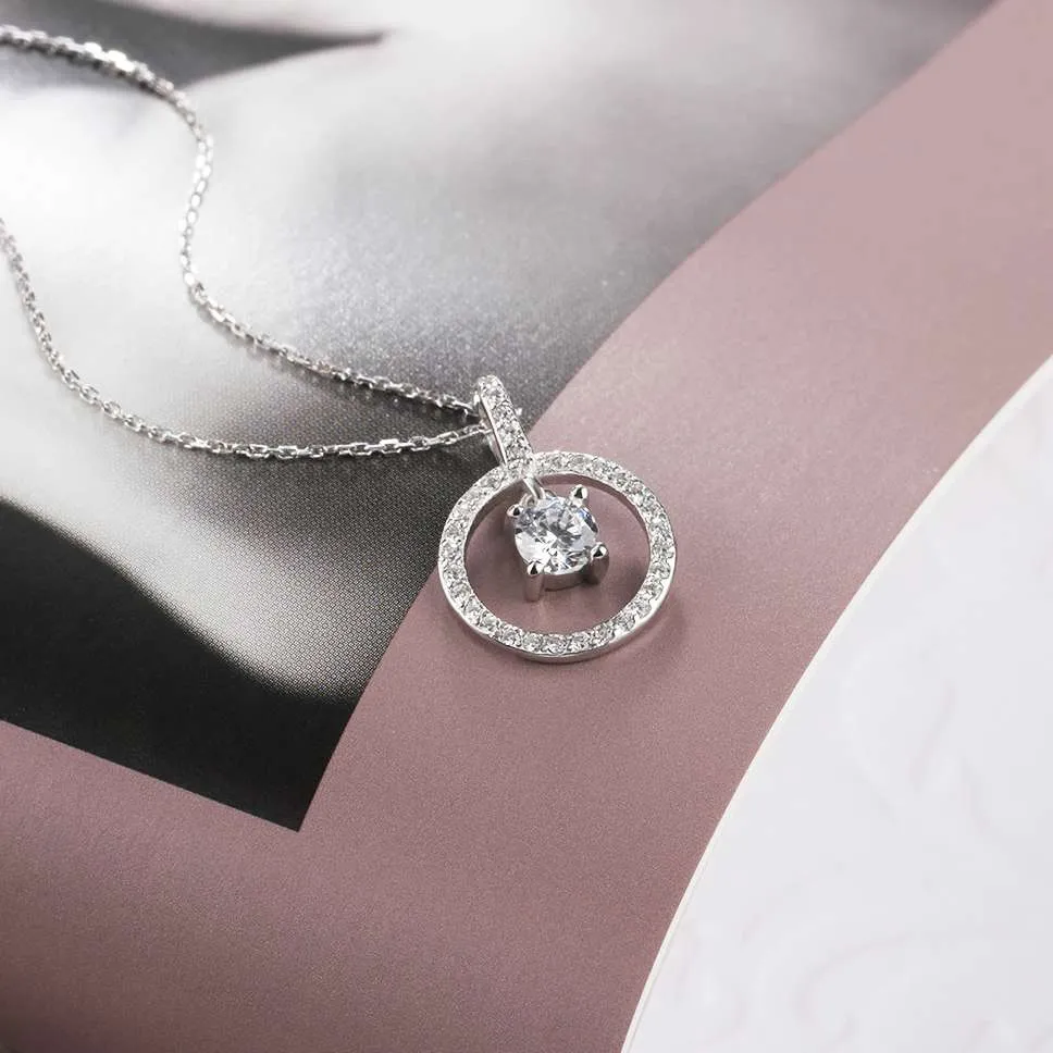 Round Hollow With Cubic Zirconia 925 Sterling Silver Necklace & Pendants For Women Fashion Wedding Jewelry