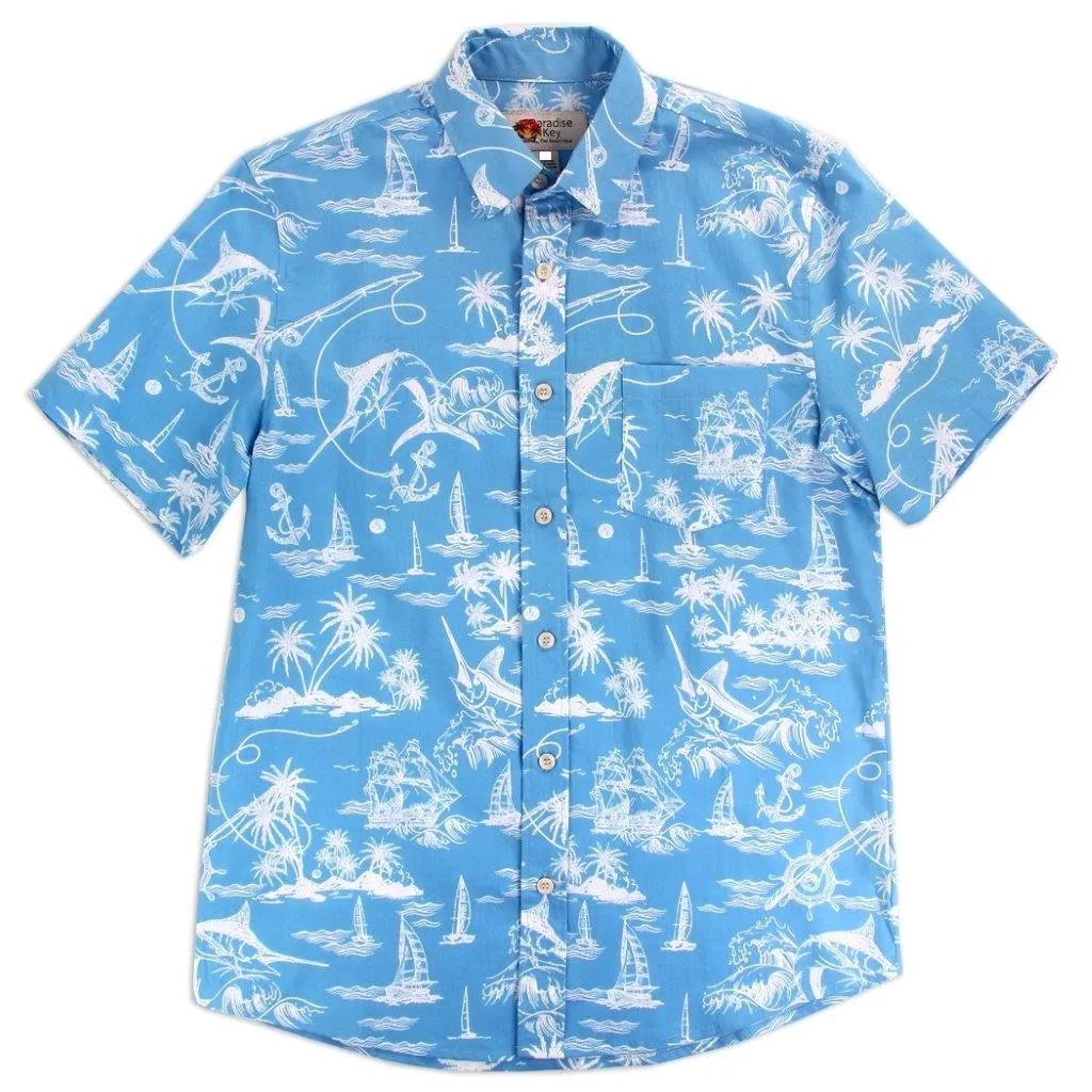SHIRT Mens Shortsleeve Hawaiian Style Tropical Print 100% Cotton NEW! Blue
