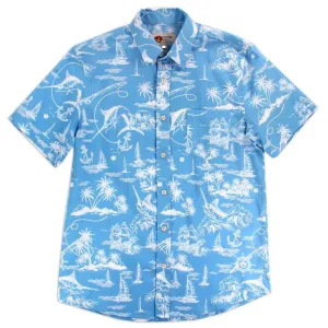 SHIRT Mens Shortsleeve Hawaiian Style Tropical Print 100% Cotton NEW! Blue