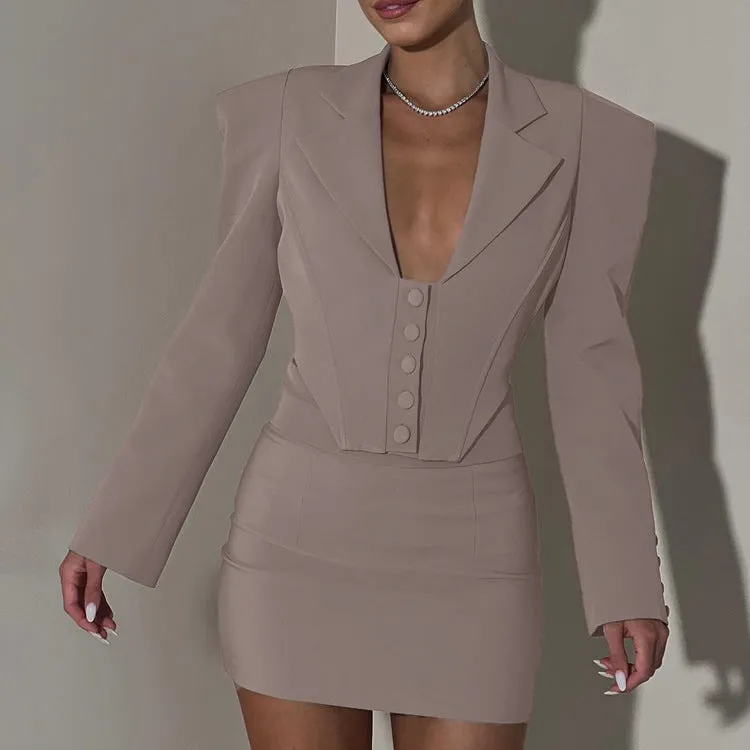 Sophisticated Long-Sleeve Turndown Collar Top and Bodycon Skirt Two-Piece Suit