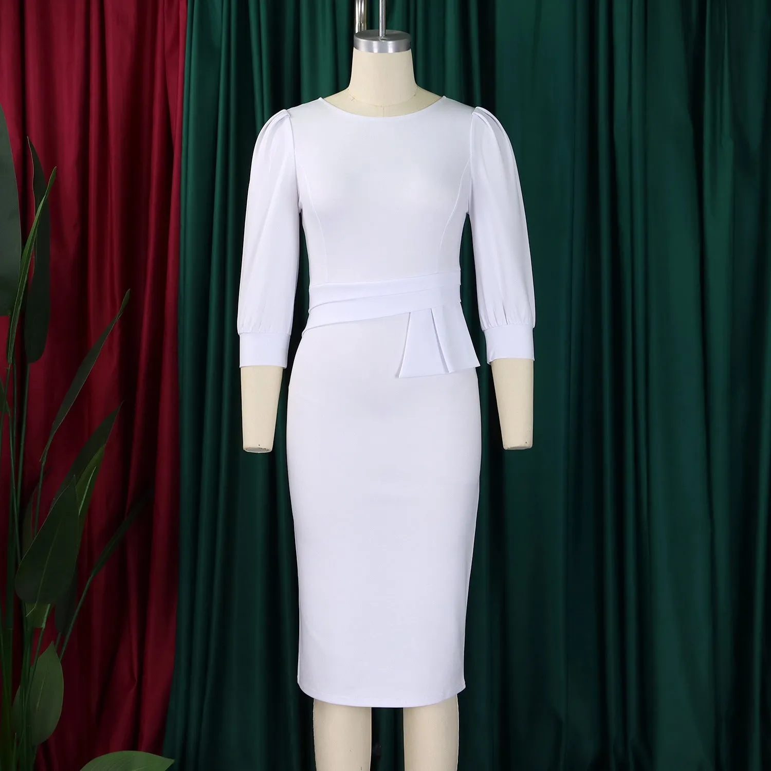 Sophisticated Pleated Accent Round-Neck Bodycon Office Dress