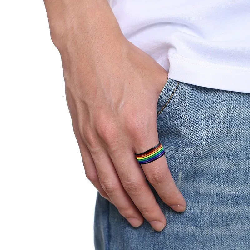 Stainless Steel Enamel Rainbow Pride Ring For Lesbian Wedding Engagement