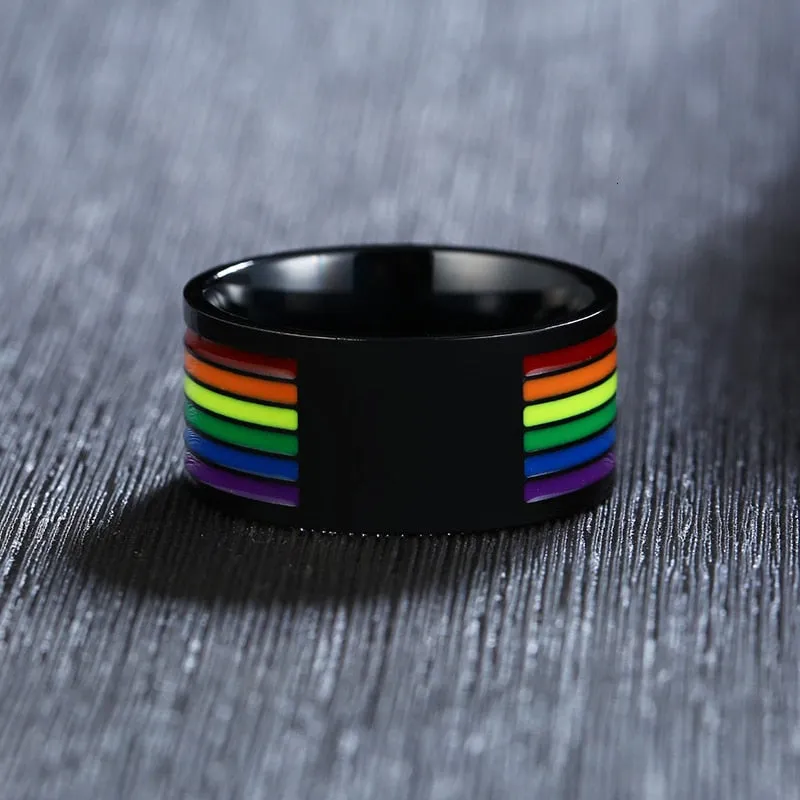 Stainless Steel Enamel Rainbow Pride Ring For Lesbian Wedding Engagement