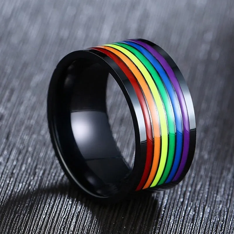 Stainless Steel Enamel Rainbow Pride Ring For Lesbian Wedding Engagement
