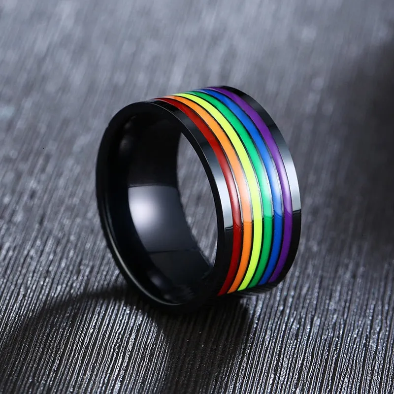 Stainless Steel Enamel Rainbow Pride Ring For Lesbian Wedding Engagement