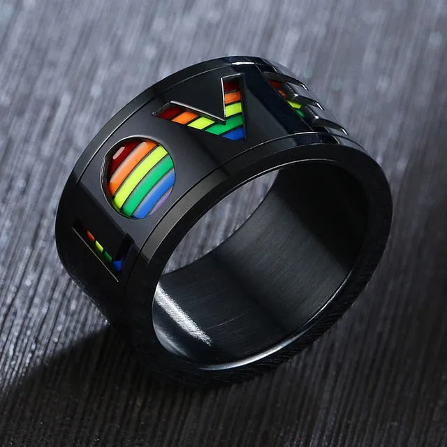 Stainless Steel Enamel Rainbow Pride Ring For Lesbian Wedding Engagement