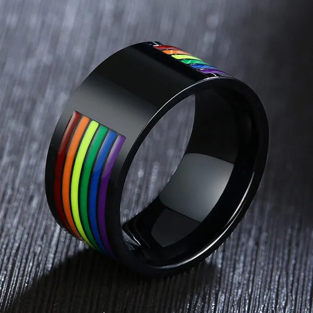 Stainless Steel Enamel Rainbow Pride Ring For Lesbian Wedding Engagement