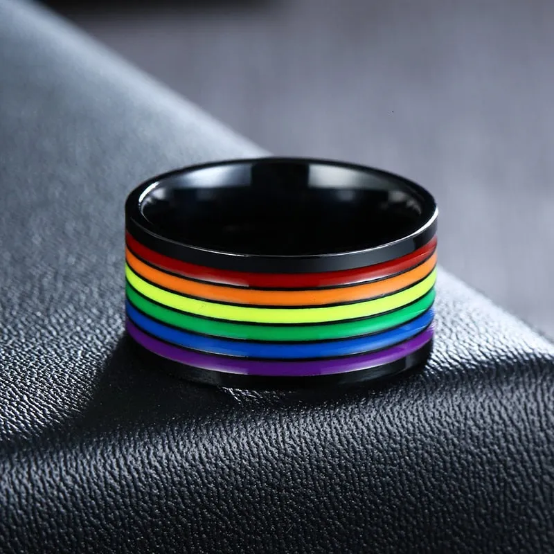 Stainless Steel Enamel Rainbow Pride Ring For Lesbian Wedding Engagement