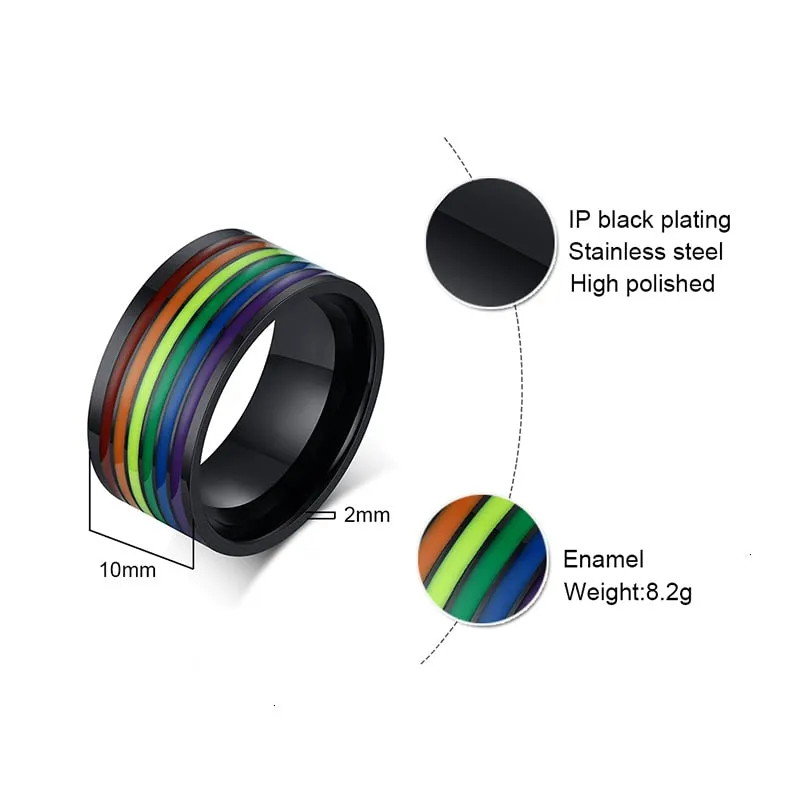 Stainless Steel Enamel Rainbow Pride Ring For Lesbian Wedding Engagement