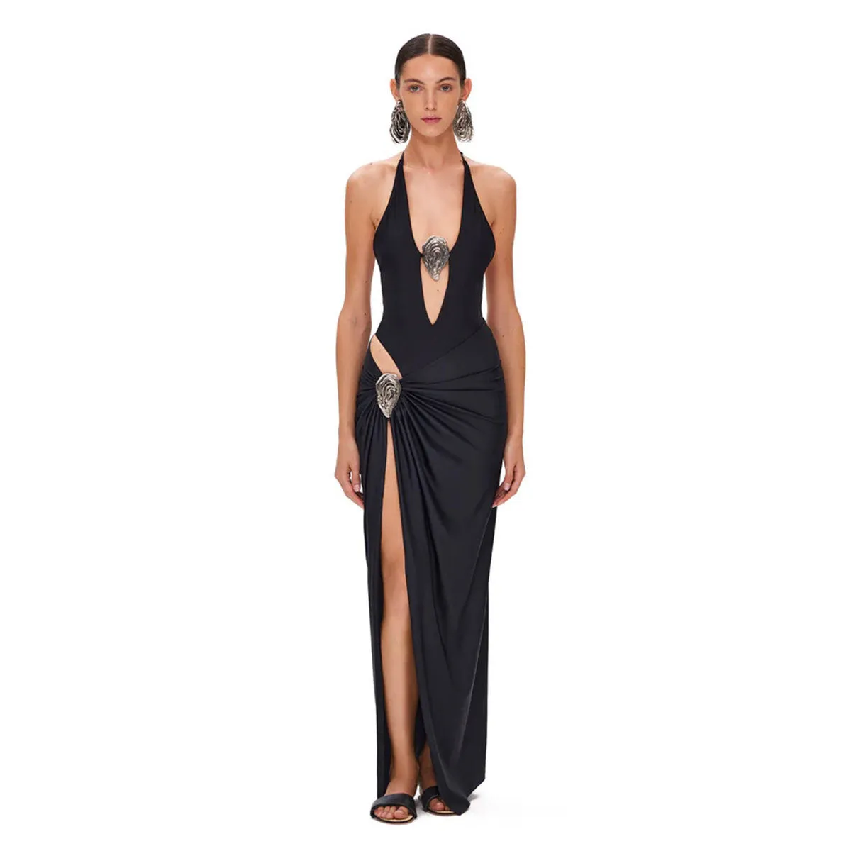 Striking Deep V-Neck Backless One-Piece Swimsuit with Draped Skirt Detail
