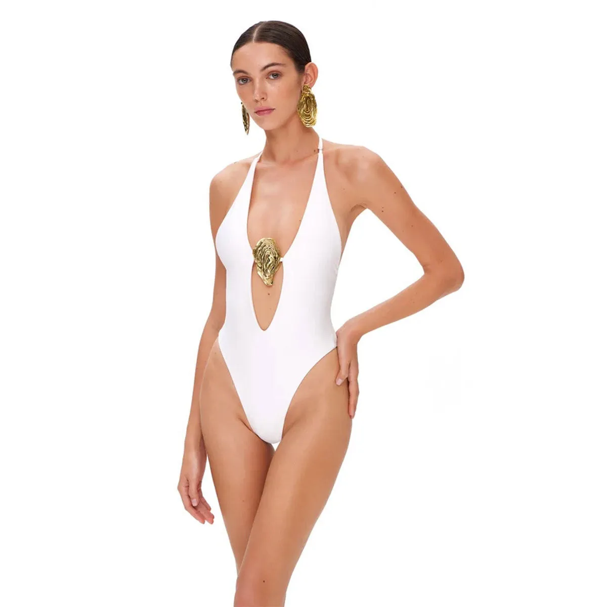Striking Deep V-Neck Backless One-Piece Swimsuit with Draped Skirt Detail