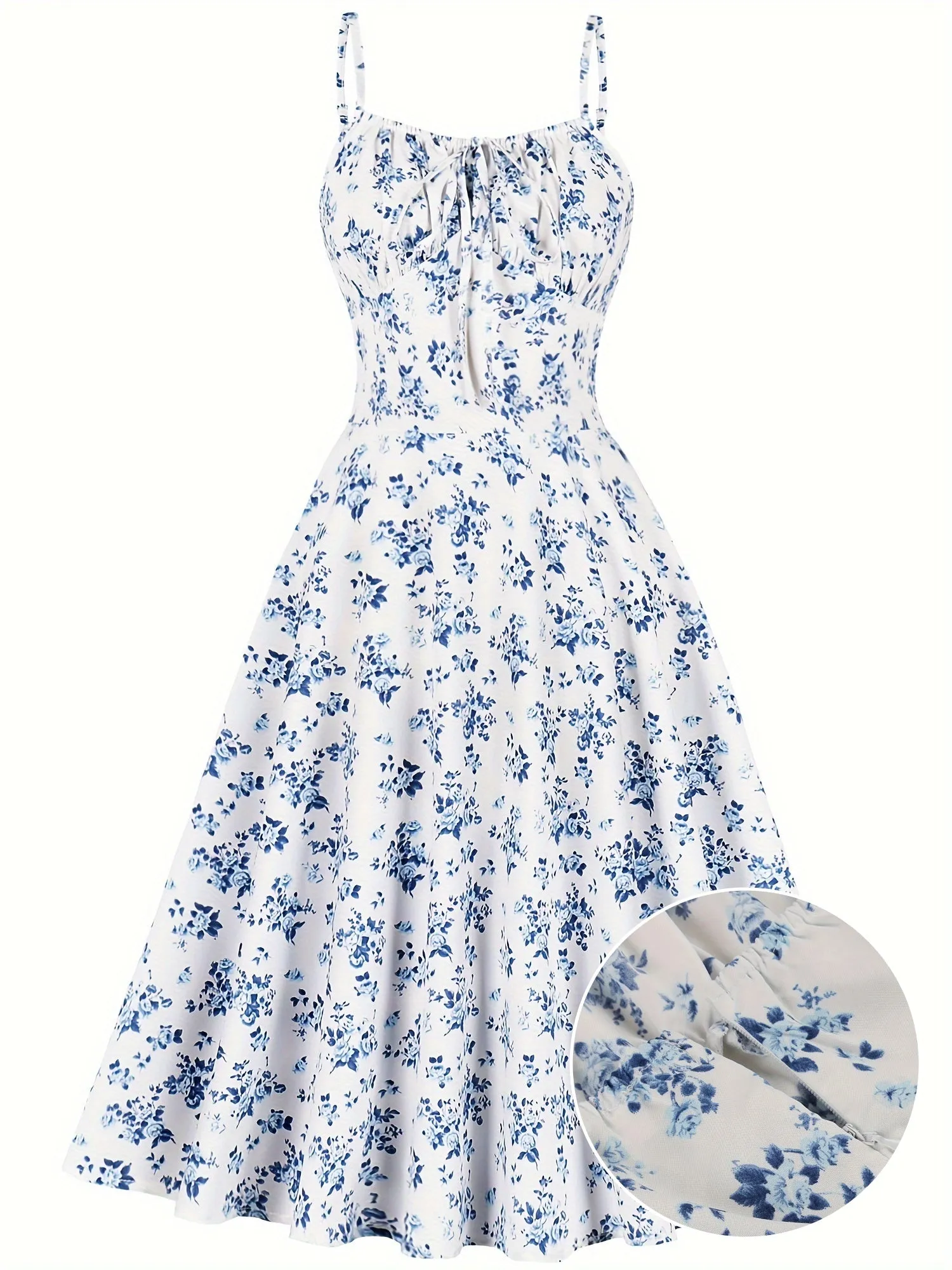 Summer Vintage Floral Spaghetti Strap A-Line Dress – 100% Polyester with Faux Drawstring