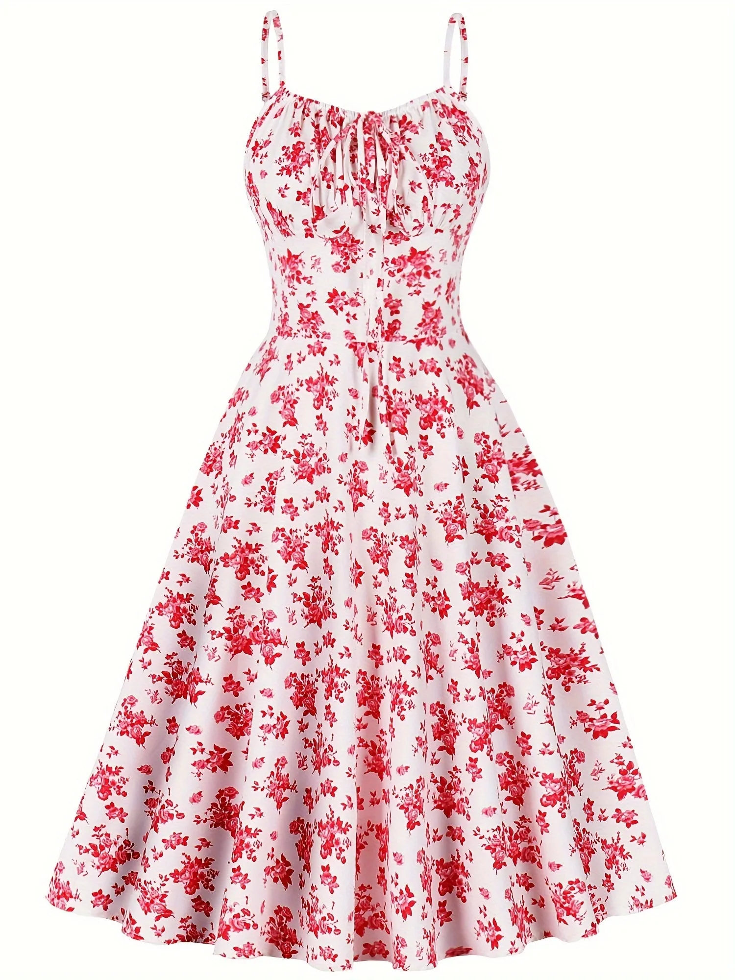 Summer Vintage Floral Spaghetti Strap A-Line Dress – 100% Polyester with Faux Drawstring