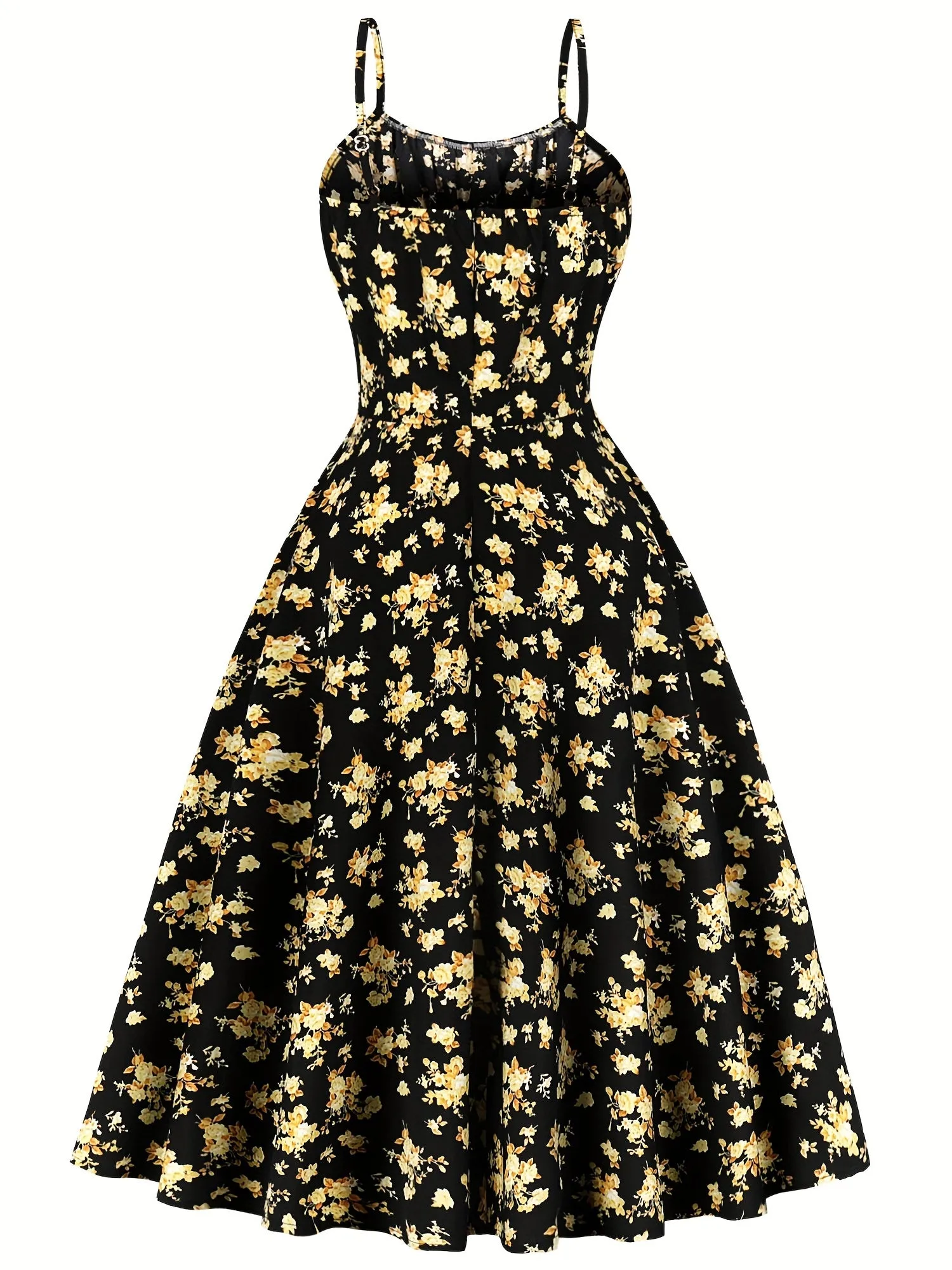 Summer Vintage Floral Spaghetti Strap A-Line Dress – 100% Polyester with Faux Drawstring