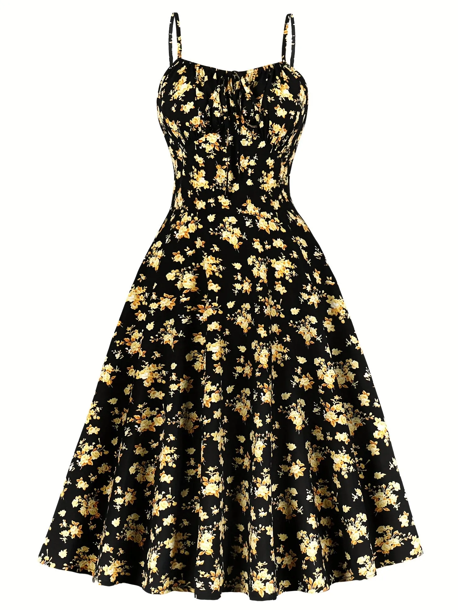 Summer Vintage Floral Spaghetti Strap A-Line Dress – 100% Polyester with Faux Drawstring