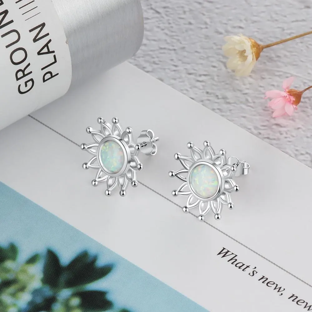 Sun Flower Shape Milky Opal Stone 925 Sterling Silver Stud Earring Fashion Women Earrings Gift For Her
