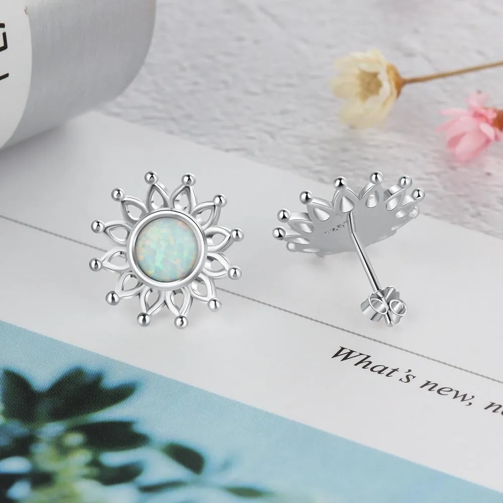 Sun Flower Shape Milky Opal Stone 925 Sterling Silver Stud Earring Fashion Women Earrings Gift For Her