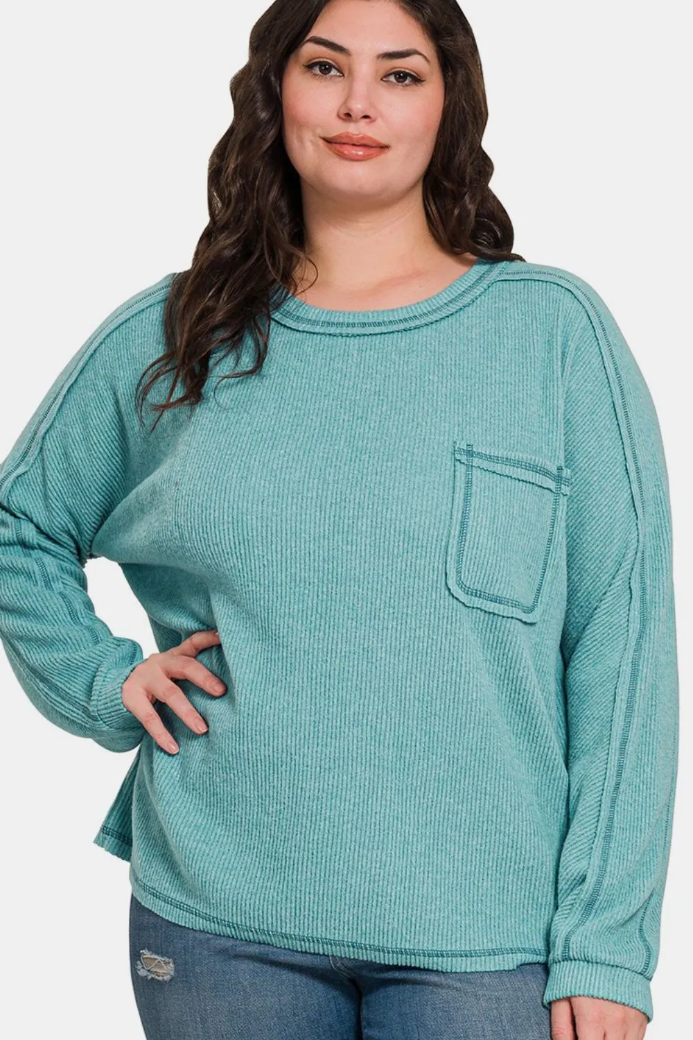 Teal Contrast Stitching Brushed Ribbed Hacci Knit Top Plu Size