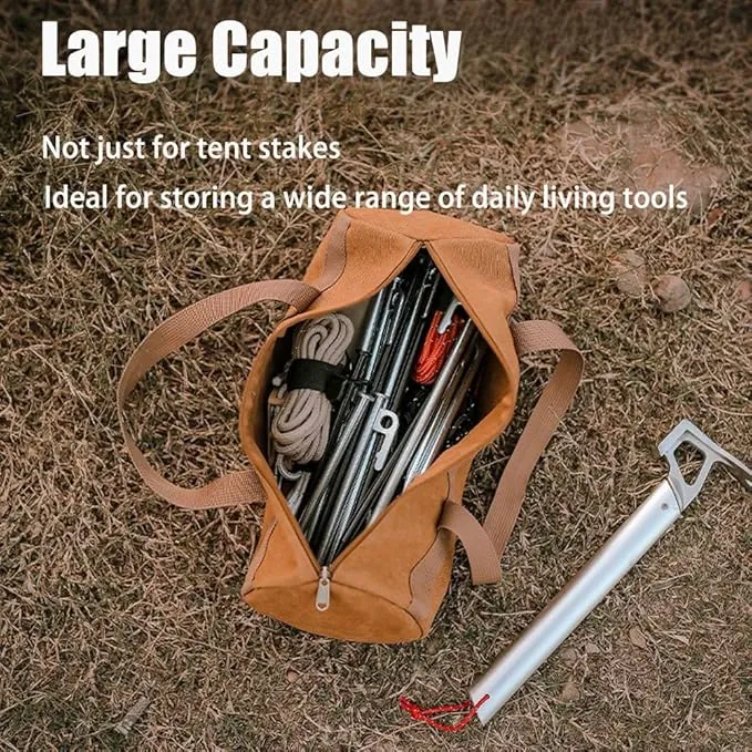 Tent Stake Bag-Double Layer Thickened,Tent Pole Pegs Bag,Tool Bags for Men,Tool Storage Bag, Small Canvas Tool Bag with Zipper for Outdoor,Camping,Hiking,Hunting and Others Tool Organizer Storage