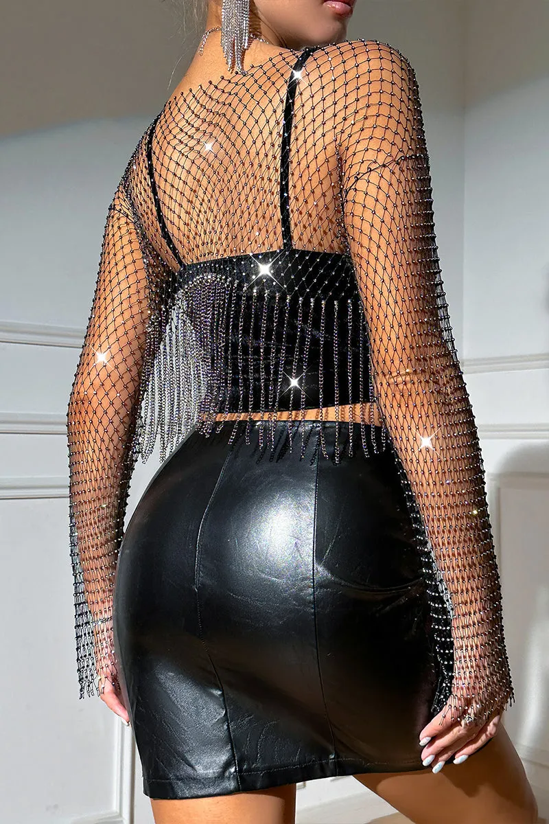 TR3038 Rhinestones Fishnet Shirt Top