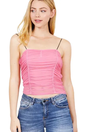 V-neck W/shirring Detail Elastic Strap Mesh Cami Top