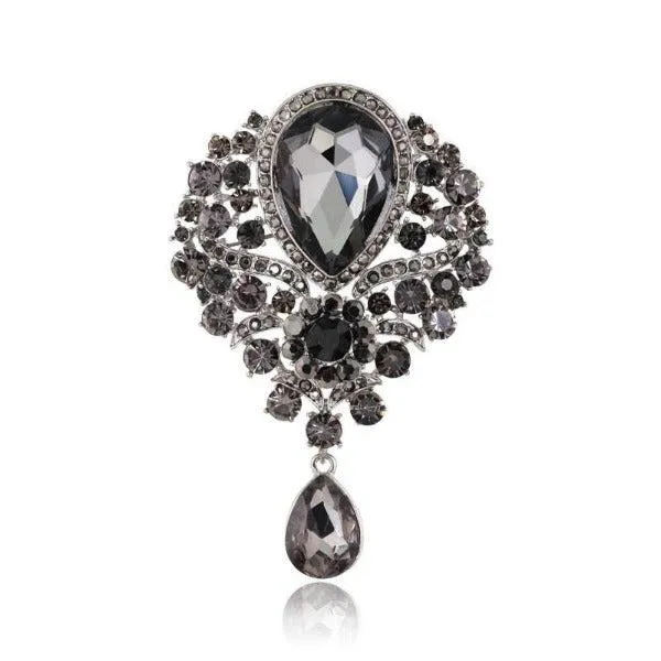 Vintage Black Crystal Teardrop Silver Brooch