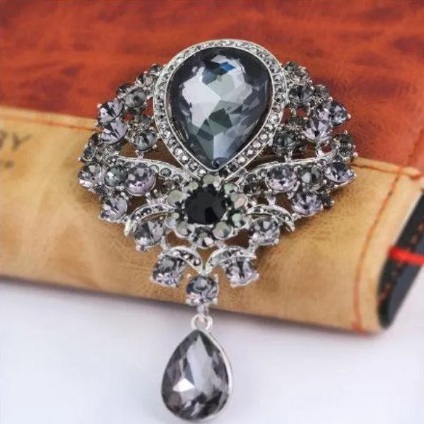 Vintage Black Crystal Teardrop Silver Brooch